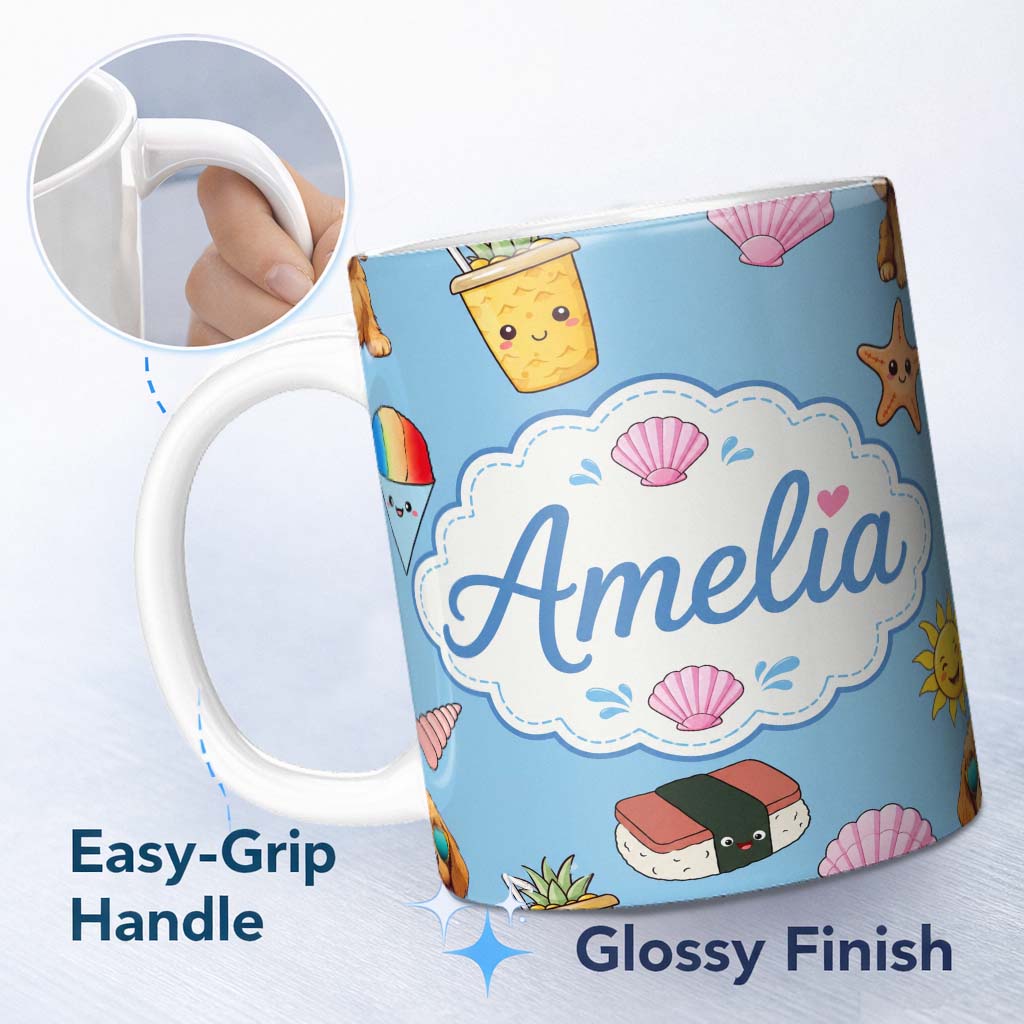 Personalized Custom Name Cute Summer Chihuahua Dog Cartoon Seamless Pattern Blue Background 11oz Ceramic Coffee Tea Mug White Large Handle