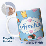 Personalized Custom Name Cute Summer Chihuahua Dog Cartoon Seamless Pattern Blue Background 11oz Ceramic Coffee Tea Mug White Large Handle