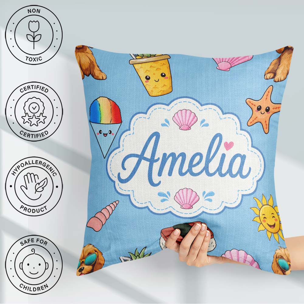 Custom Name Summer Chihuahua Dog Cartoon Pattern Blue Background Square Filled Cushion Throw Pillow Sofa Bed Home Decor Zip Washable UK Made