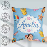 Custom Name Summer Chihuahua Dog Cartoon Pattern Blue Background Square Filled Cushion Throw Pillow Sofa Bed Home Decor Zip Washable UK Made