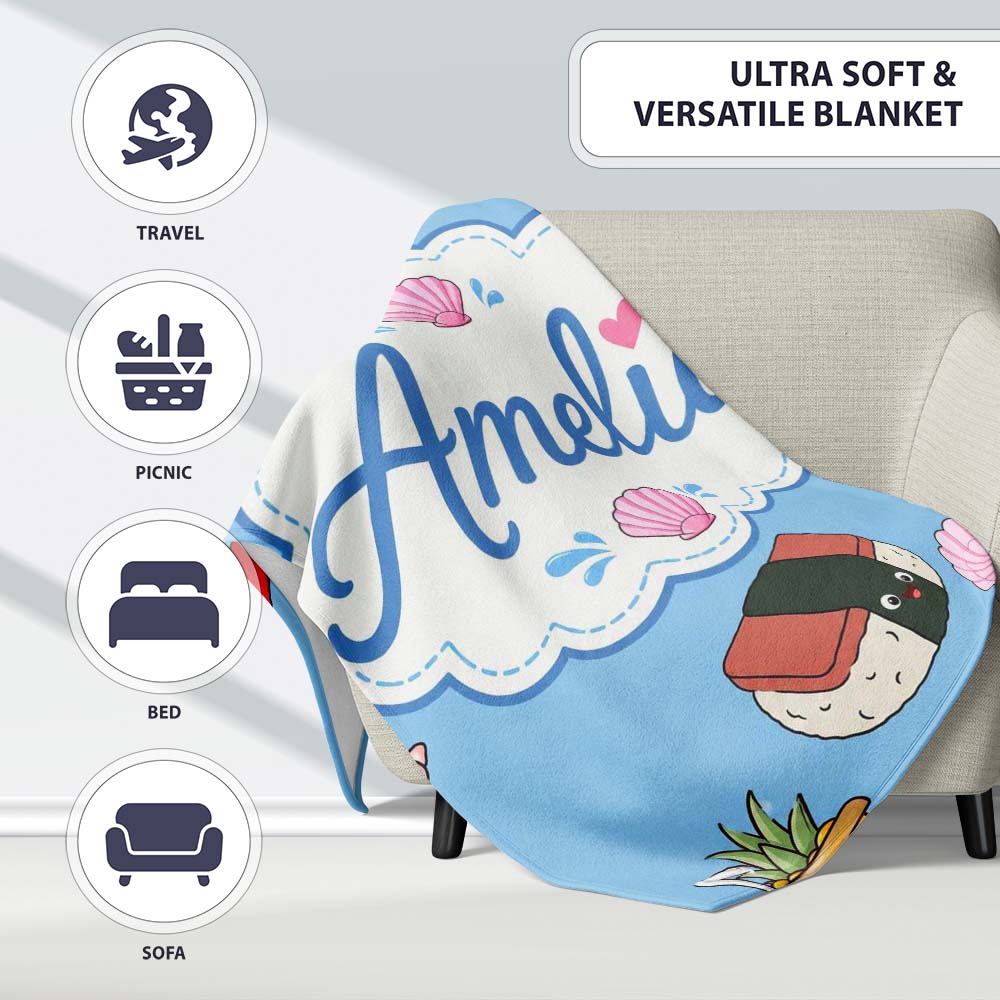Cute Summer Chihuahua Dog Cartoon Seamless Pattern Blue Background  Personalised Custom Name Super Soft Fleece Blanket Bed Sofa Throw