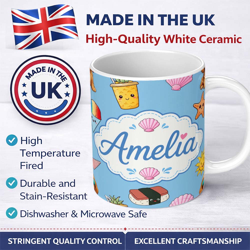 Personalized Custom Name Cute Summer Chihuahua Dog Cartoon Seamless Pattern Blue Background 11oz Ceramic Coffee Tea Mug White Large Handle