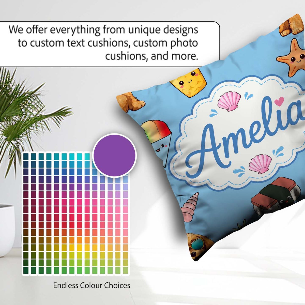 Custom Name Summer Chihuahua Dog Cartoon Pattern Blue Background Square Filled Cushion Throw Pillow Sofa Bed Home Decor Zip Washable UK Made