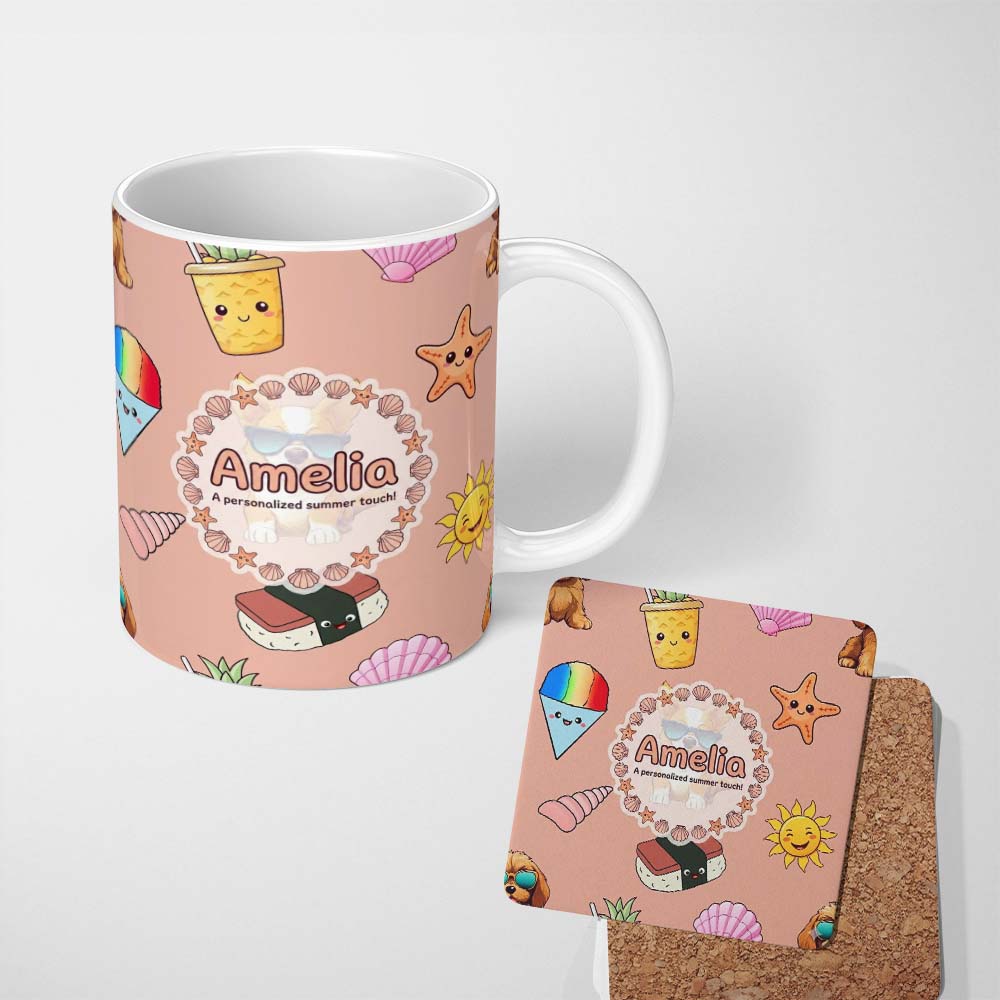 Personalized Custom Name Cute Summer Chihuahua Dog Sunglasses Kawaii Beach Seamless Pattern 11oz Ceramic Coffee Tea Mug White Large Handle
