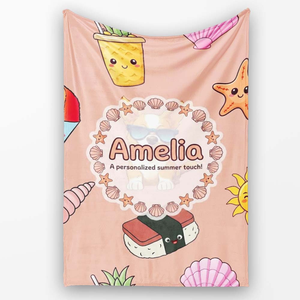 Cute Summer Chihuahua Dog Sunglasses Kawaii Beach Seamless Pattern  Personalised Custom Name Super Soft Fleece Blanket Bed Sofa Throw