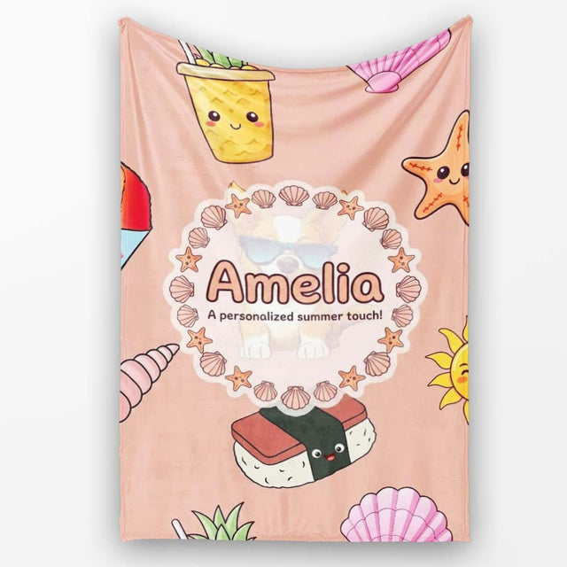 Cute Summer Chihuahua Dog Sunglasses Kawaii Beach Seamless Pattern  Personalised Custom Name Super Soft Fleece Blanket Bed Sofa Throw