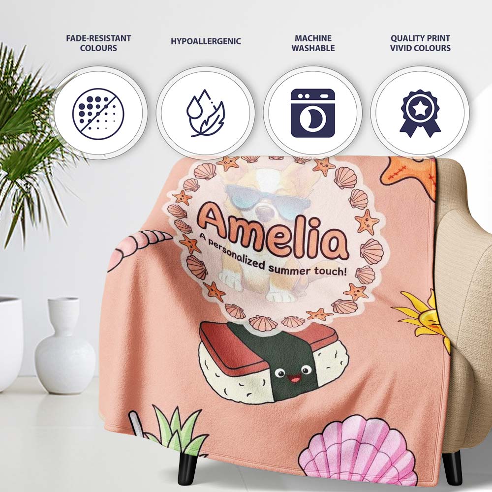Cute Summer Chihuahua Dog Sunglasses Kawaii Beach Seamless Pattern  Personalised Custom Name Super Soft Fleece Blanket Bed Sofa Throw
