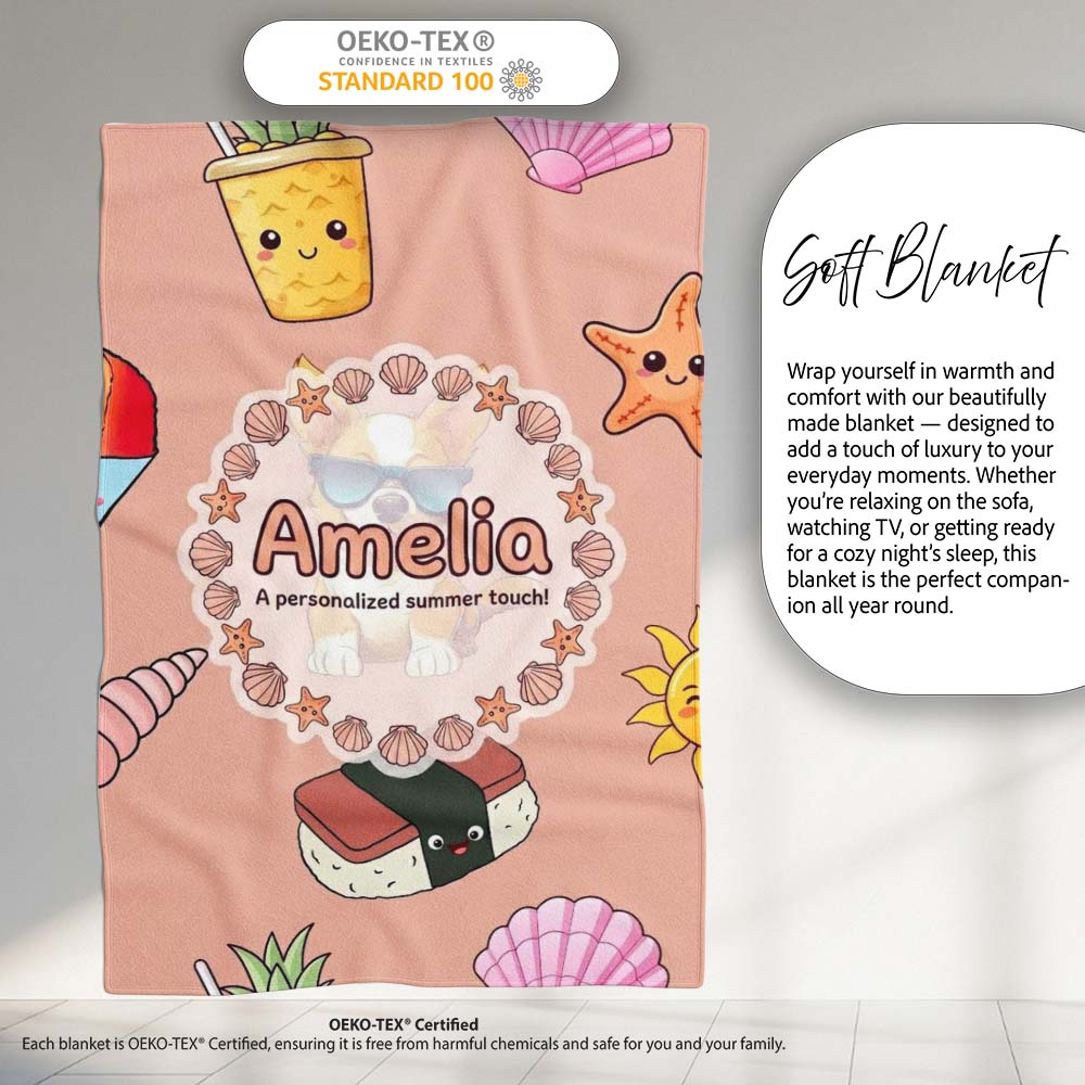 Cute Summer Chihuahua Dog Sunglasses Kawaii Beach Seamless Pattern  Personalised Custom Name Super Soft Fleece Blanket Bed Sofa Throw