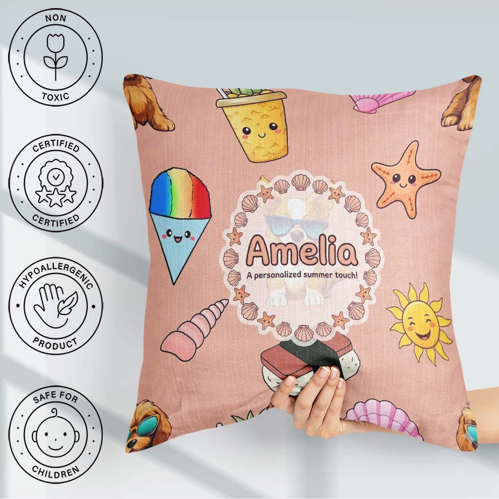 Custom Name Summer Chihuahua Dog Sunglasses Kawaii Beach Pattern Square Filled Cushion Throw Pillow Sofa Bed Home Decor Zip Washable UK Made