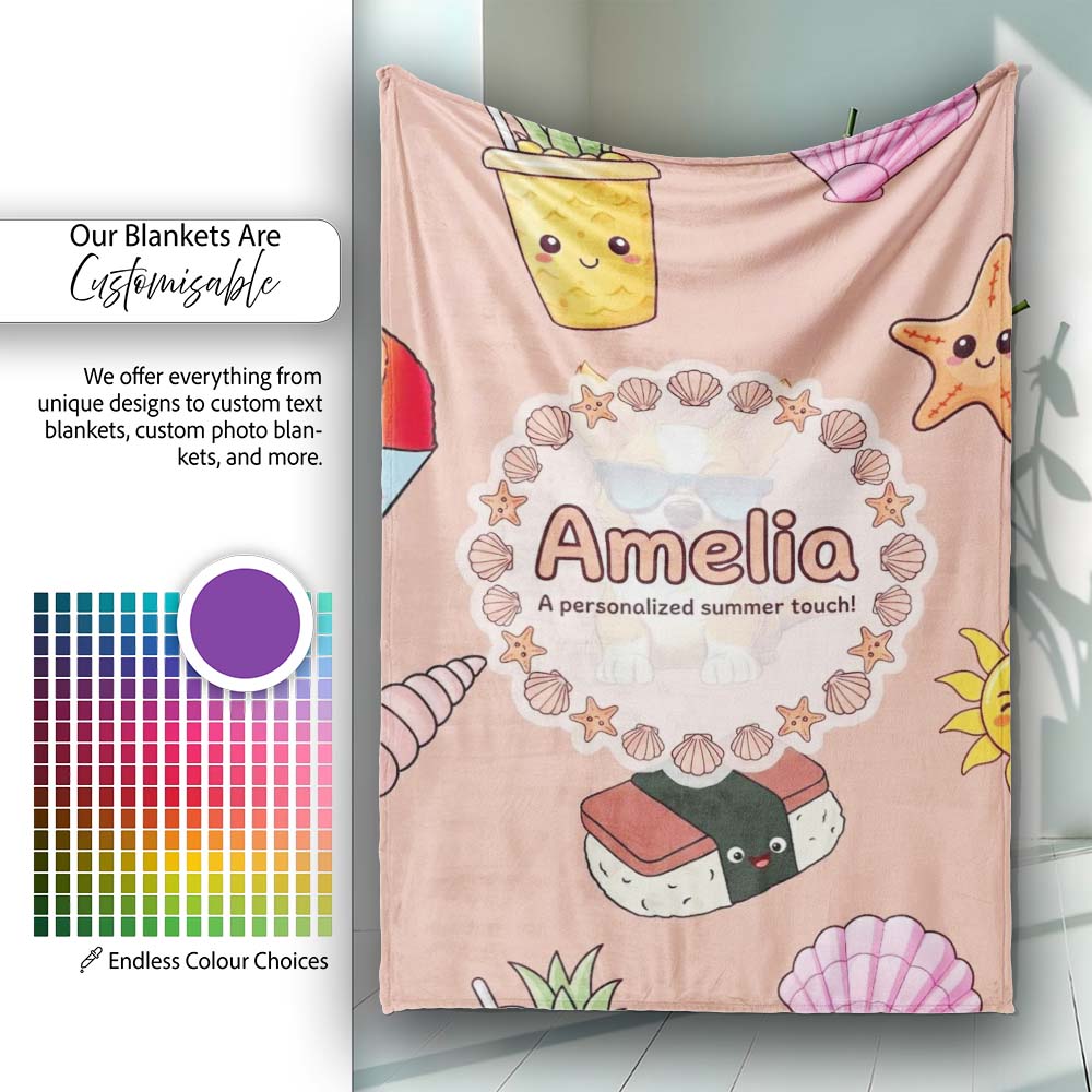 Cute Summer Chihuahua Dog Sunglasses Kawaii Beach Seamless Pattern  Personalised Custom Name Super Soft Fleece Blanket Bed Sofa Throw