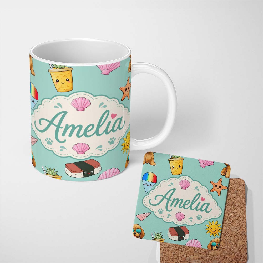 Personalized Custom Name Summer Chihuahua Dog Sunglasses Kawaii Beach Teal Seamless Pattern 11oz Ceramic Coffee Tea Mug White Large Handle