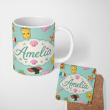 Personalized Custom Name Summer Chihuahua Dog Sunglasses Kawaii Beach Teal Seamless Pattern 11oz Ceramic Coffee Tea Mug White Large Handle