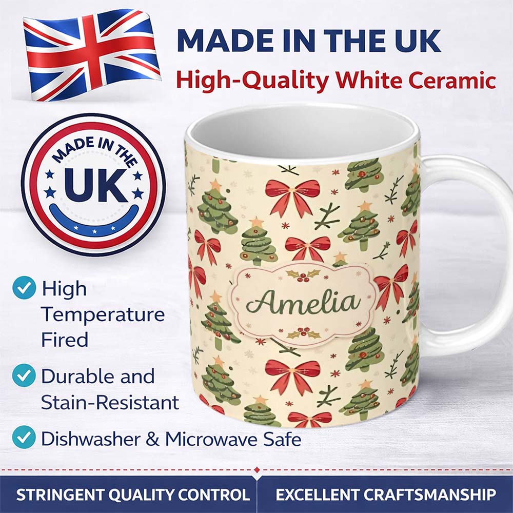 Personalized Custom Name Watercolor Christmas Trees with Red Bows and Winter Elements Lovely 11oz Ceramic Coffee Tea Mug White Large Handle