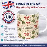 Personalized Custom Name Watercolor Christmas Trees with Red Bows and Winter Elements Lovely 11oz Ceramic Coffee Tea Mug White Large Handle