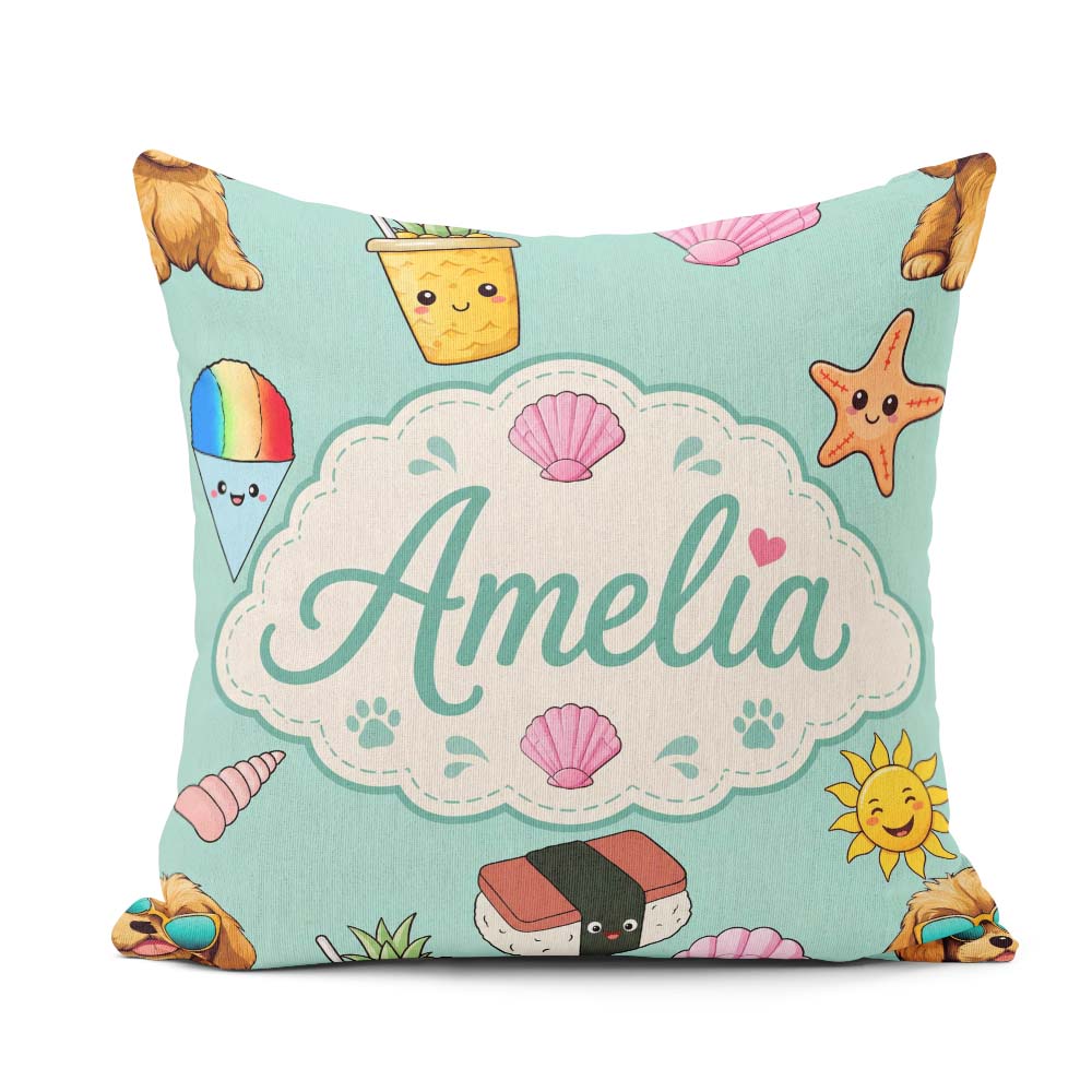 Custom Name Summer Chihuahua Dog Sunglasses Kawaii Teal Seamless Square Filled Cushion Throw Pillow Sofa Bed Home Decor Zip Washable UK Made