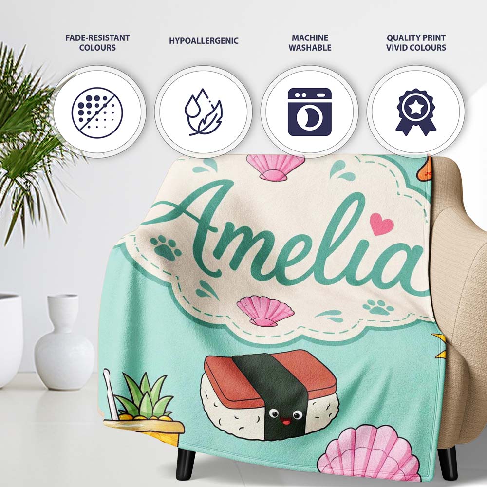 Summer Chihuahua Dog Sunglasses Kawaii Beach Teal Seamless Pattern  Personalised Custom Name Super Soft Fleece Blanket Bed Sofa Throw