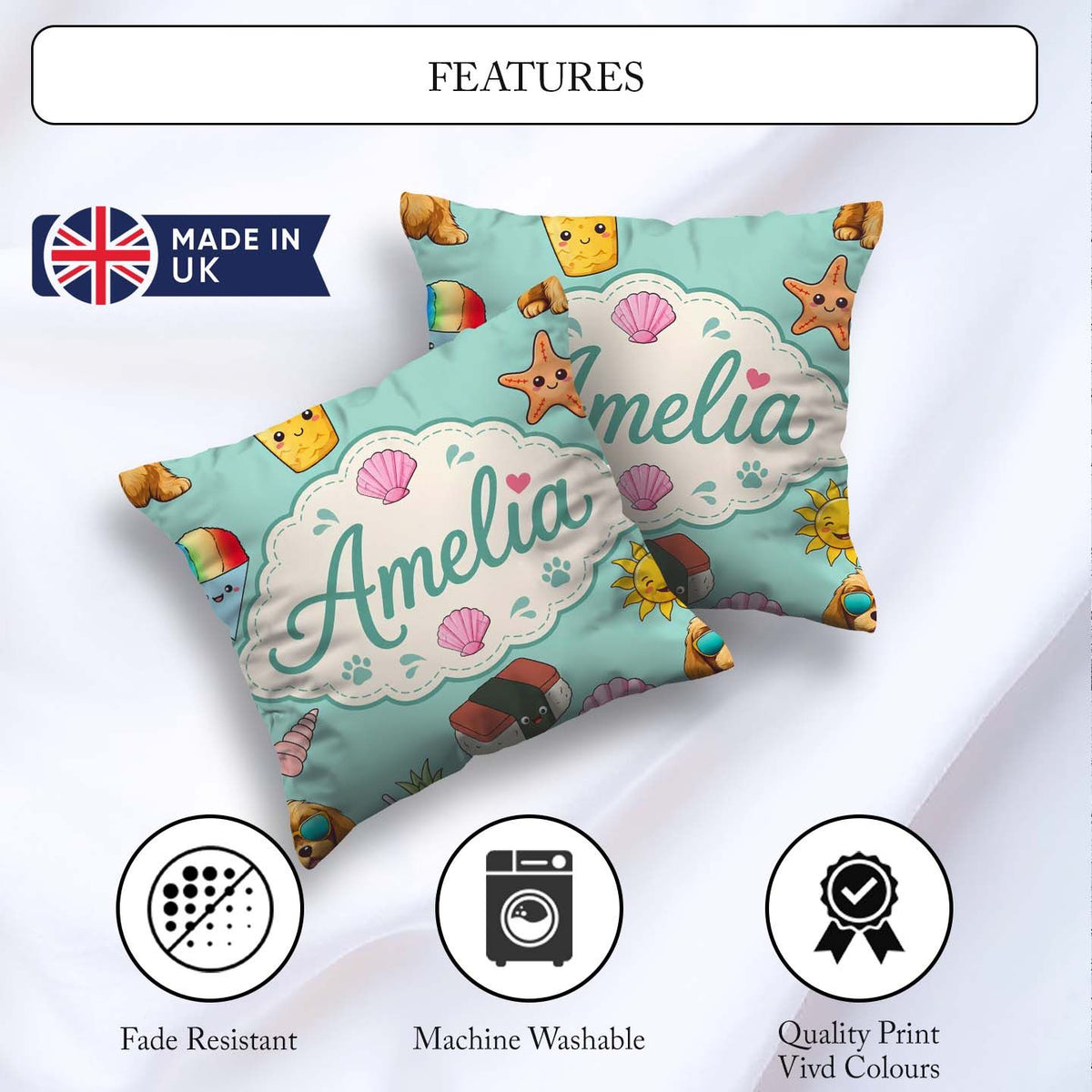 Custom Name Summer Chihuahua Dog Sunglasses Kawaii Teal Seamless Square Filled Cushion Throw Pillow Sofa Bed Home Decor Zip Washable UK Made