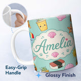 Personalized Custom Name Summer Chihuahua Dog Sunglasses Kawaii Beach Teal Seamless Pattern 11oz Ceramic Coffee Tea Mug White Large Handle