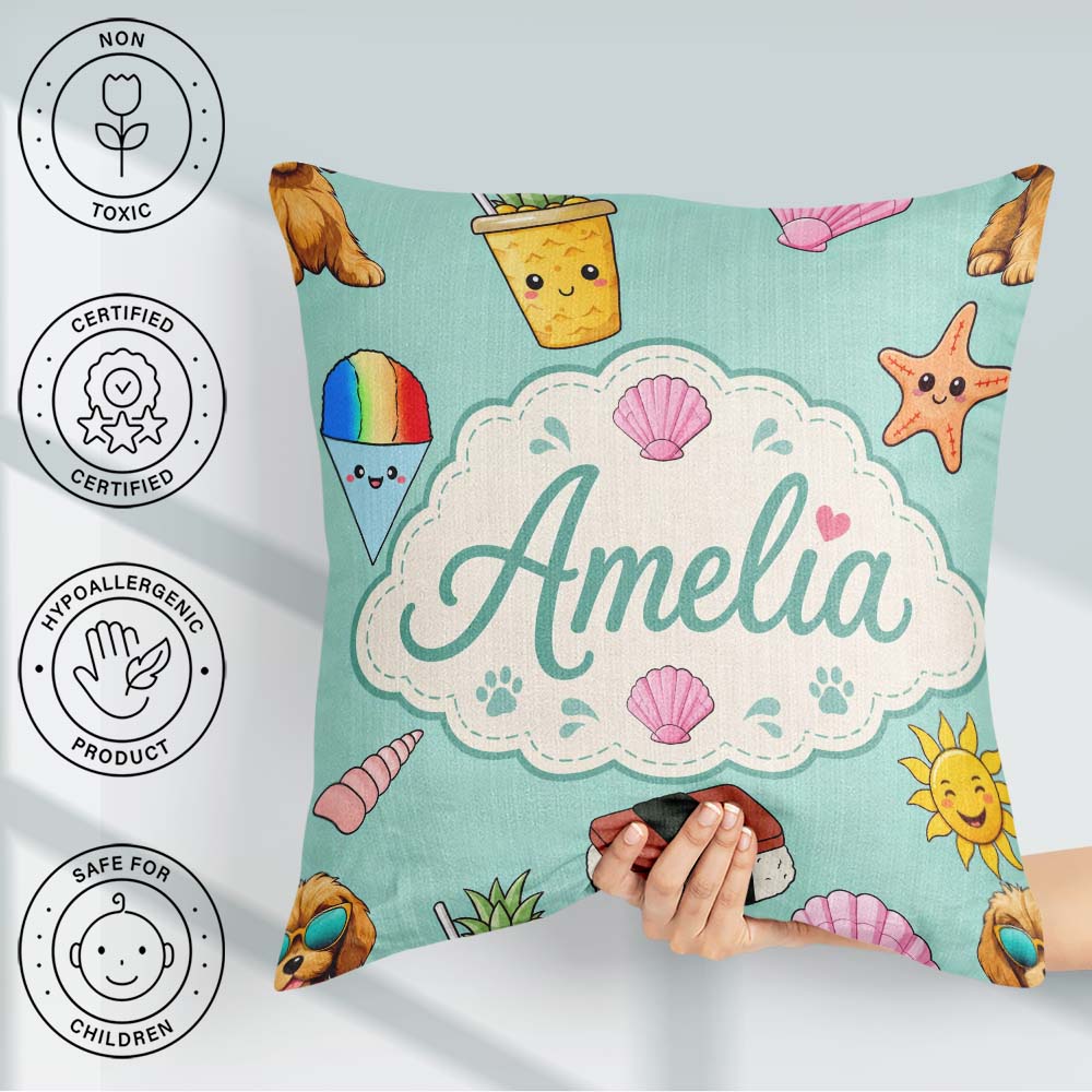 Custom Name Summer Chihuahua Dog Sunglasses Kawaii Teal Seamless Square Filled Cushion Throw Pillow Sofa Bed Home Decor Zip Washable UK Made