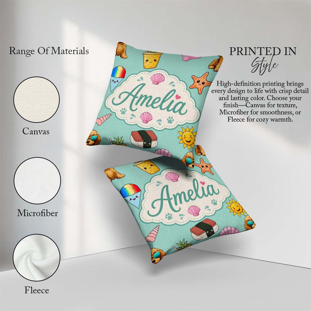 Custom Name Summer Chihuahua Dog Sunglasses Kawaii Teal Seamless Square Filled Cushion Throw Pillow Sofa Bed Home Decor Zip Washable UK Made