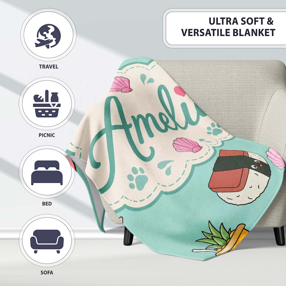 Summer Chihuahua Dog Sunglasses Kawaii Beach Teal Seamless Pattern  Personalised Custom Name Super Soft Fleece Blanket Bed Sofa Throw