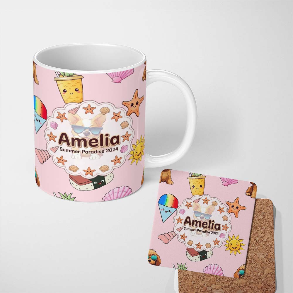 Personalized Custom Name Summer Chihuahua Dog Sunglasses Kawaii Beach Soft Pink Seamless 11oz Ceramic Coffee Tea Mug White Large Handle