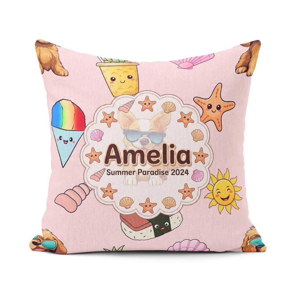 Custom Name Summer Chihuahua Dog Kawaii Beach Soft Pink Seamless Square Filled Cushion Throw Pillow Sofa Bed Home Decor Zip Washable UK Made