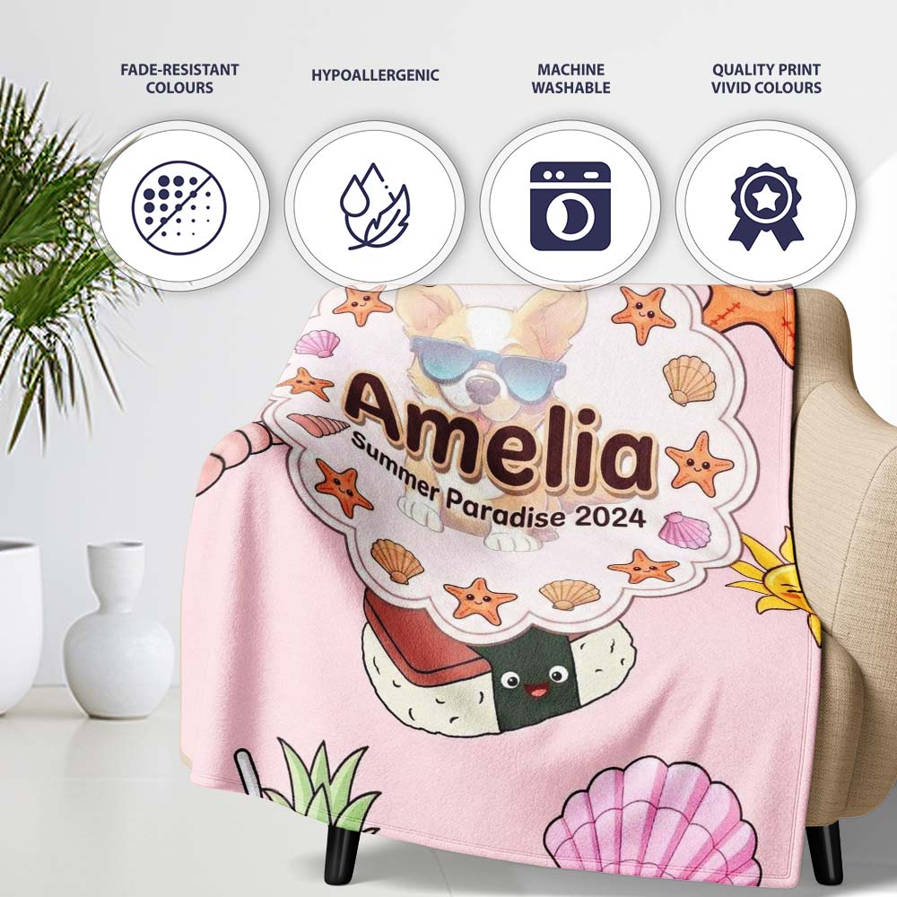 Summer Chihuahua Dog Sunglasses Kawaii Beach Soft Pink Seamless  Personalised Custom Name Super Soft Fleece Blanket Bed Sofa Throw