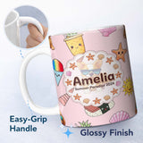 Personalized Custom Name Summer Chihuahua Dog Sunglasses Kawaii Beach Soft Pink Seamless 11oz Ceramic Coffee Tea Mug White Large Handle