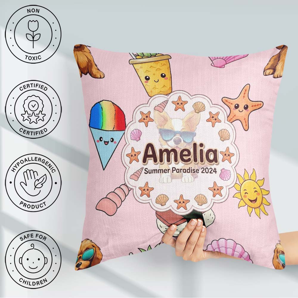 Custom Name Summer Chihuahua Dog Kawaii Beach Soft Pink Seamless Square Filled Cushion Throw Pillow Sofa Bed Home Decor Zip Washable UK Made
