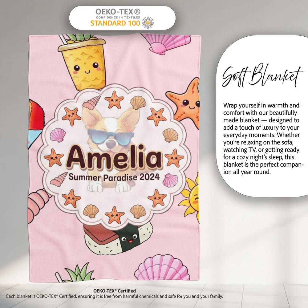 Summer Chihuahua Dog Sunglasses Kawaii Beach Soft Pink Seamless  Personalised Custom Name Super Soft Fleece Blanket Bed Sofa Throw