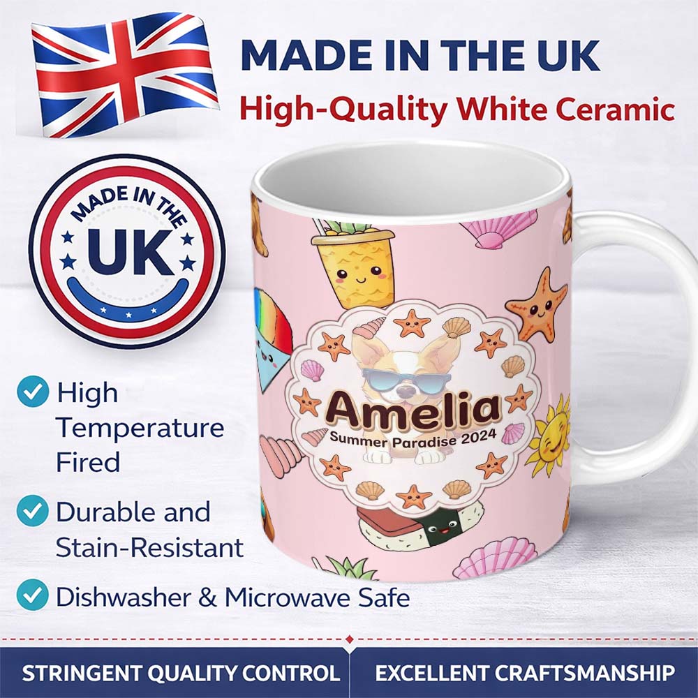 Personalized Custom Name Summer Chihuahua Dog Sunglasses Kawaii Beach Soft Pink Seamless 11oz Ceramic Coffee Tea Mug White Large Handle