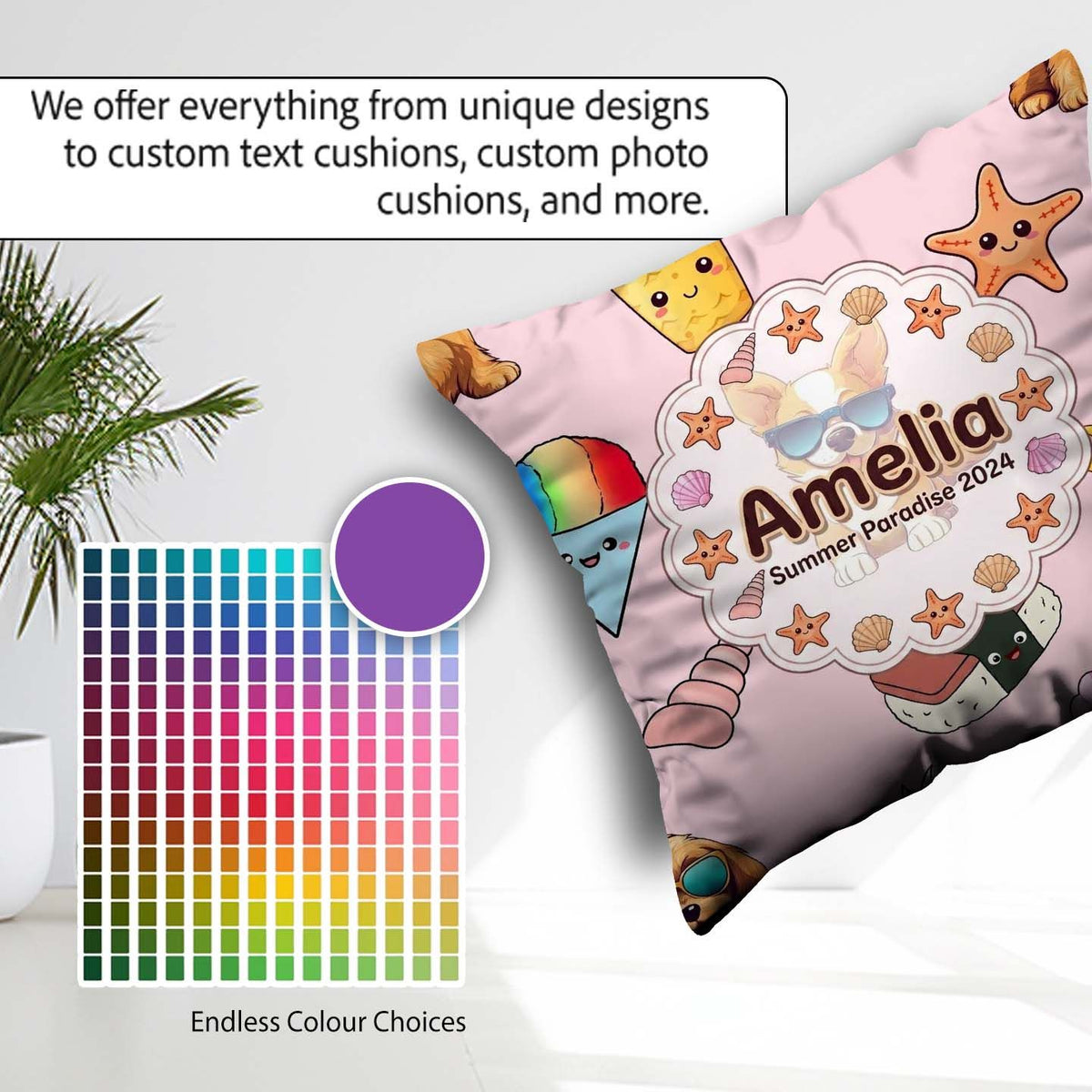 Custom Name Summer Chihuahua Dog Kawaii Beach Soft Pink Seamless Square Filled Cushion Throw Pillow Sofa Bed Home Decor Zip Washable UK Made