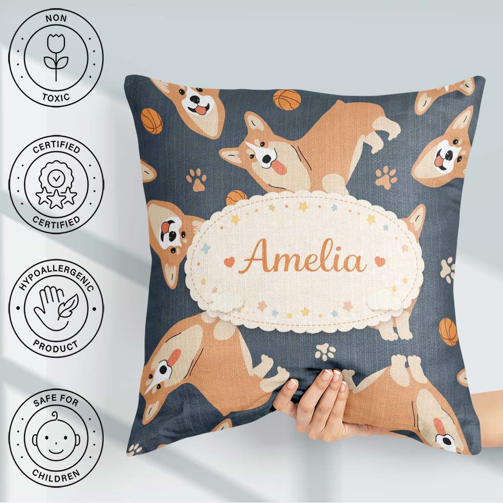 Custom Name Playful Corgi Dogs Seamless Pattern Stylish Everyday Square Filled Cushion Throw Pillow Sofa Bed Home Decor Zip Washable UK Made