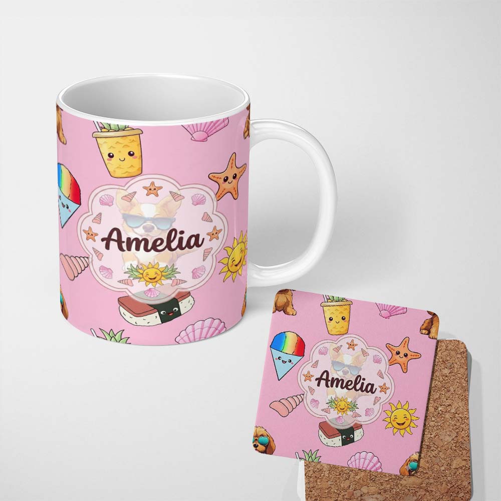 Personalized Custom Name Summer Chihuahua Dog Sunglasses Kawaii Beach Icon Blush Pink 11oz Ceramic Coffee Tea Mug White Large Handle
