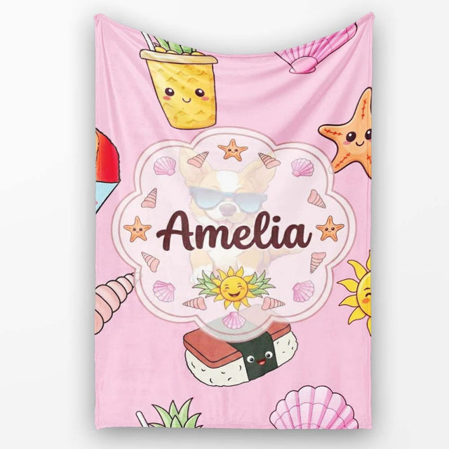 Summer Chihuahua Dog Sunglasses Kawaii Beach Icon Blush Pink  Personalised Custom Name Super Soft Fleece Blanket Bed Sofa Throw