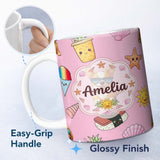 Personalized Custom Name Summer Chihuahua Dog Sunglasses Kawaii Beach Icon Blush Pink 11oz Ceramic Coffee Tea Mug White Large Handle