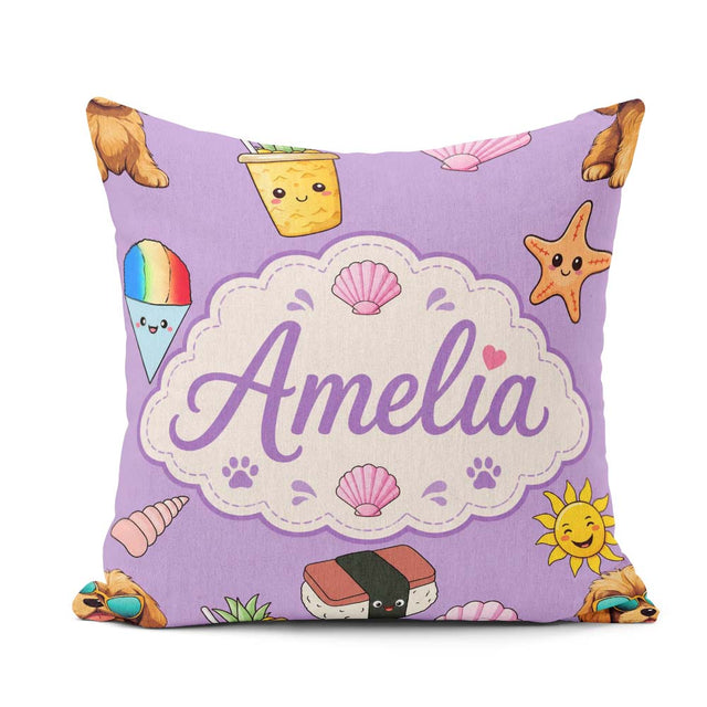 Custom Name Summer Chihuahua Dog Sunglasses Kawaii Beach Purple Square Filled Cushion Throw Pillow Sofa Bed Home Decor Zip Washable UK Made