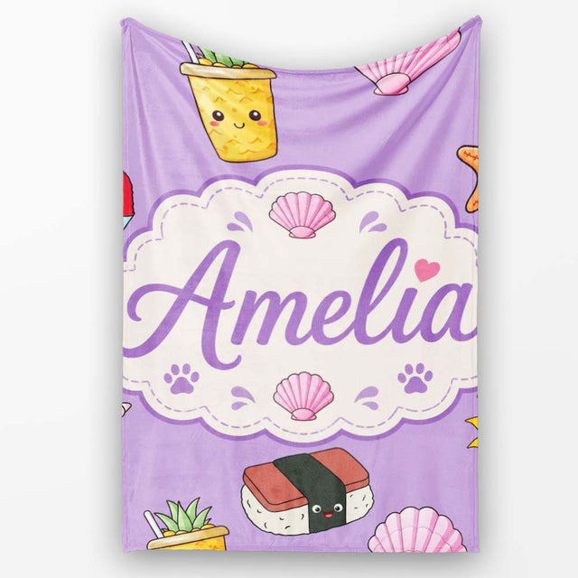 Summer Chihuahua Dog Sunglasses Kawaii Beach Purple Seamless  Personalised Custom Name Super Soft Fleece Blanket Bed Sofa Throw