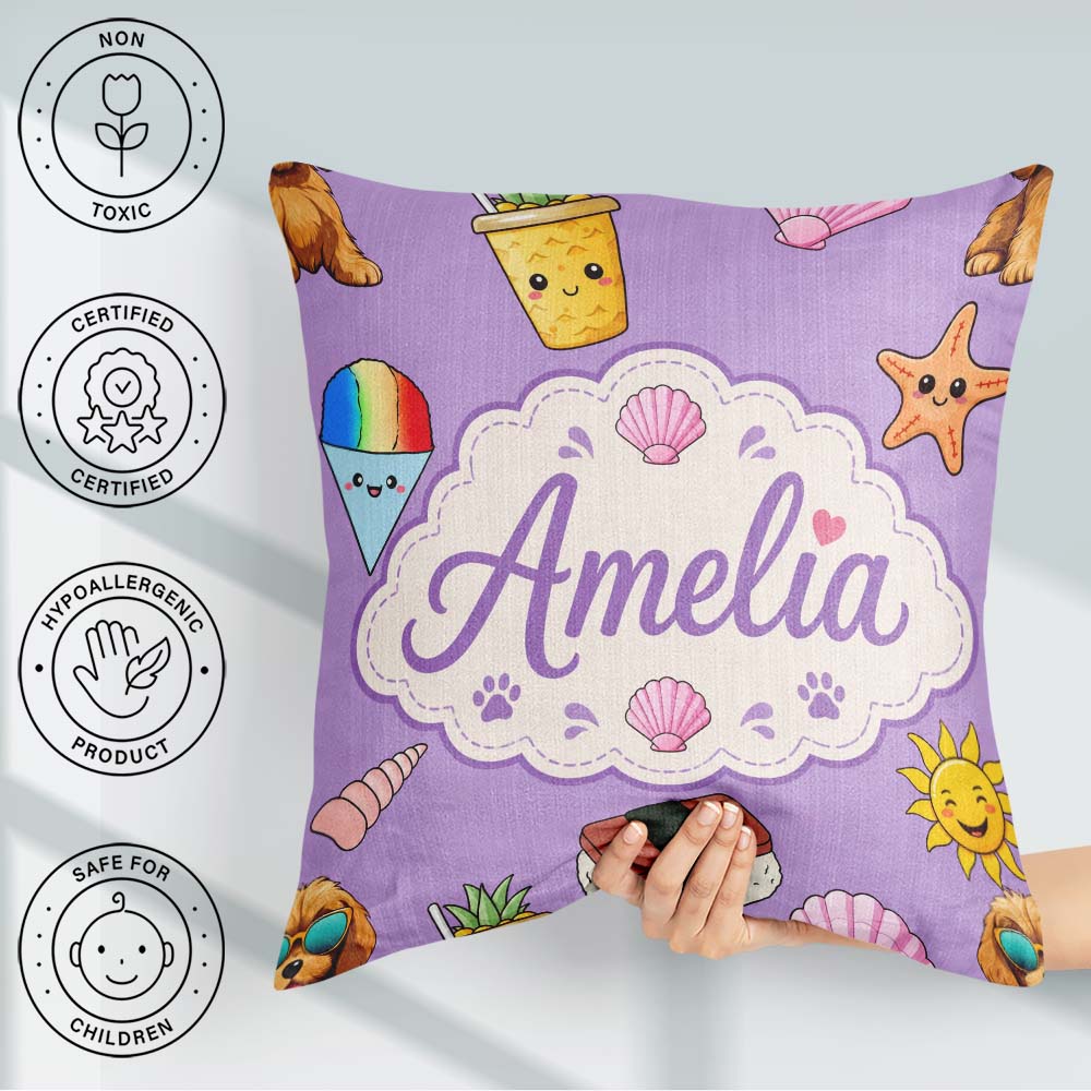 Custom Name Summer Chihuahua Dog Sunglasses Kawaii Beach Purple Square Filled Cushion Throw Pillow Sofa Bed Home Decor Zip Washable UK Made