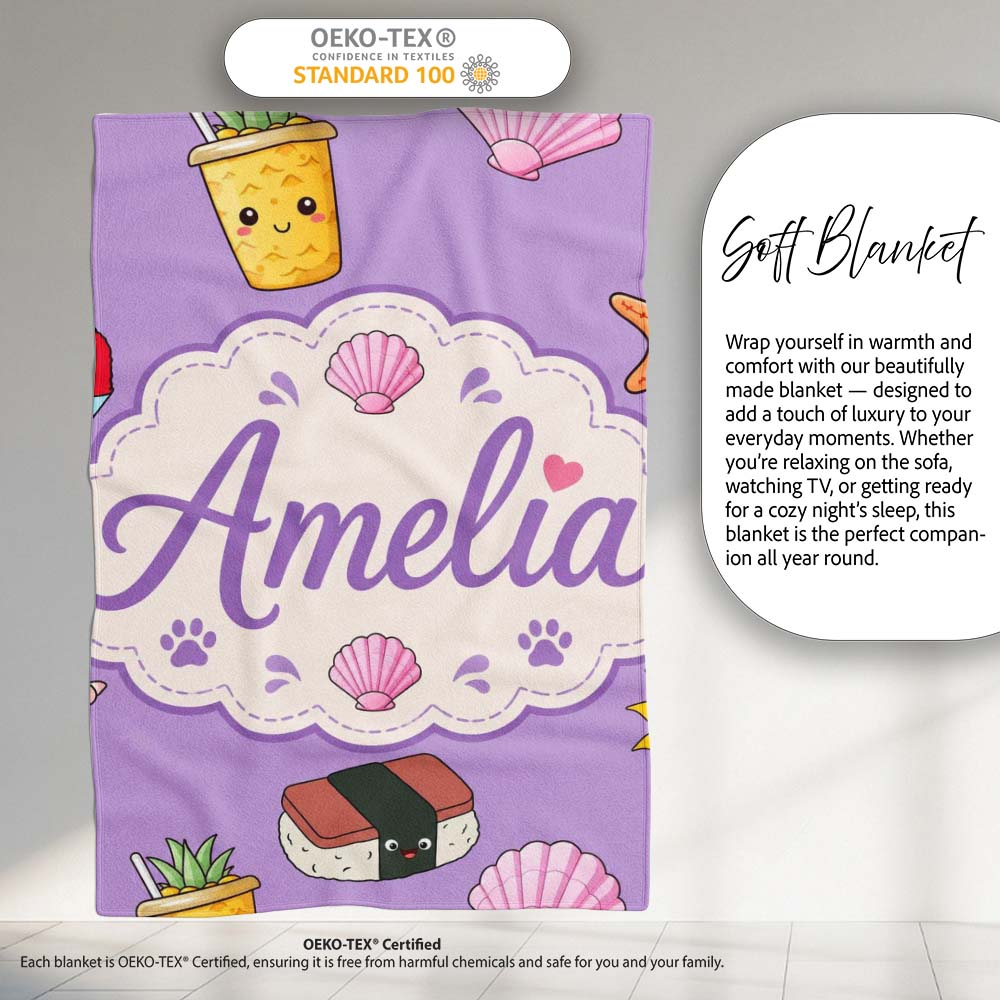 Summer Chihuahua Dog Sunglasses Kawaii Beach Purple Seamless  Personalised Custom Name Super Soft Fleece Blanket Bed Sofa Throw