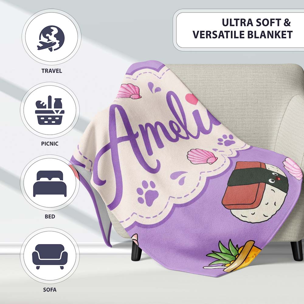 Summer Chihuahua Dog Sunglasses Kawaii Beach Purple Seamless  Personalised Custom Name Super Soft Fleece Blanket Bed Sofa Throw