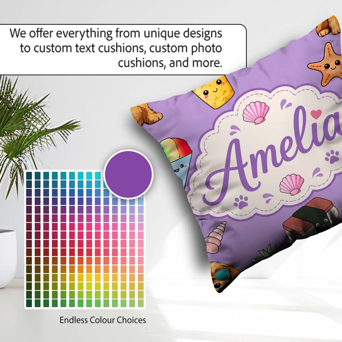 Custom Name Summer Chihuahua Dog Sunglasses Kawaii Beach Purple Square Filled Cushion Throw Pillow Sofa Bed Home Decor Zip Washable UK Made