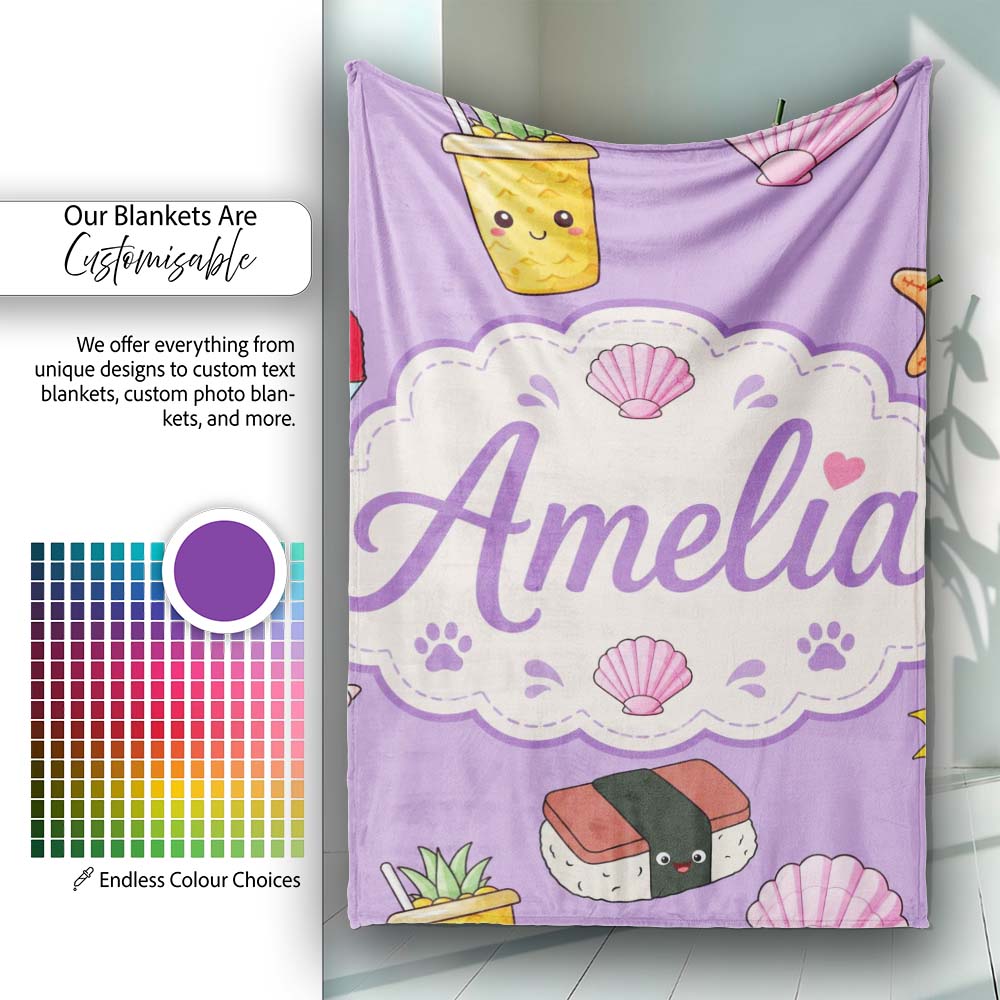 Summer Chihuahua Dog Sunglasses Kawaii Beach Purple Seamless  Personalised Custom Name Super Soft Fleece Blanket Bed Sofa Throw