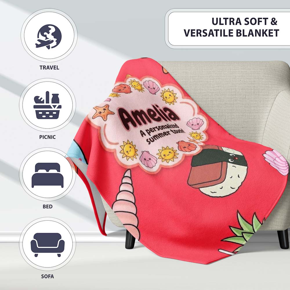Summer Chihuahua Dog Sunglasses Kawaii Beach Red Seamless Pattern  Personalised Custom Name Super Soft Fleece Blanket Bed Sofa Throw