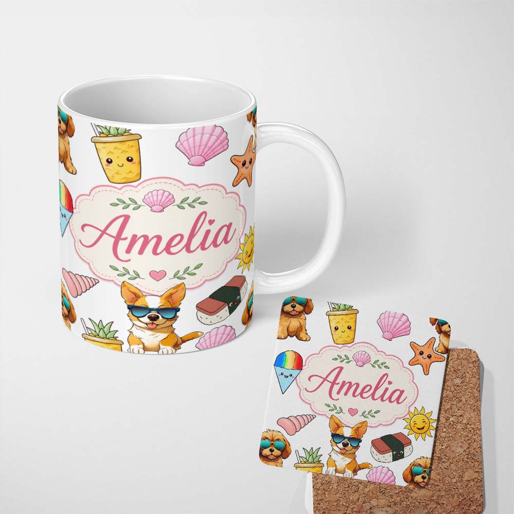 Personalized Custom Name Summer Chihuahua Dog Sunglasses Kawaii Beach Grey Seamless Pattern 11oz Ceramic Coffee Tea Mug White Large Handle