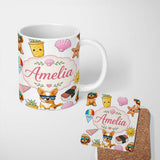 Personalized Custom Name Summer Chihuahua Dog Sunglasses Kawaii Beach Grey Seamless Pattern 11oz Ceramic Coffee Tea Mug White Large Handle