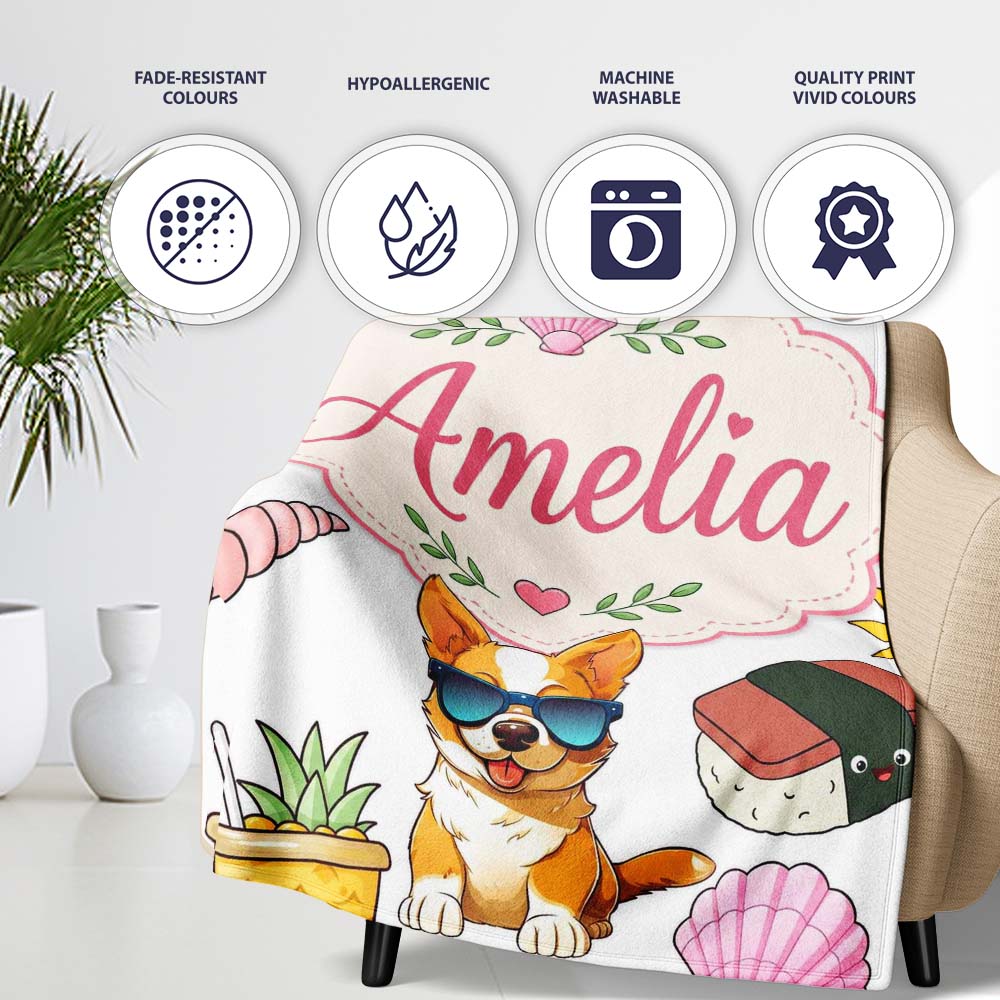 Summer Chihuahua Dog Sunglasses Kawaii Beach Grey Seamless Pattern  Personalised Custom Name Super Soft Fleece Blanket Bed Sofa Throw