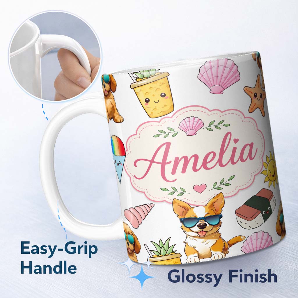 Personalized Custom Name Summer Chihuahua Dog Sunglasses Kawaii Beach Grey Seamless Pattern 11oz Ceramic Coffee Tea Mug White Large Handle