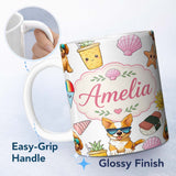 Personalized Custom Name Summer Chihuahua Dog Sunglasses Kawaii Beach Grey Seamless Pattern 11oz Ceramic Coffee Tea Mug White Large Handle